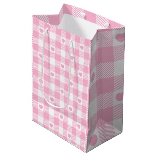 Cute Pink Gingham Vichy met hart Medium Cadeauzakje (Voorkant Gekanteld)