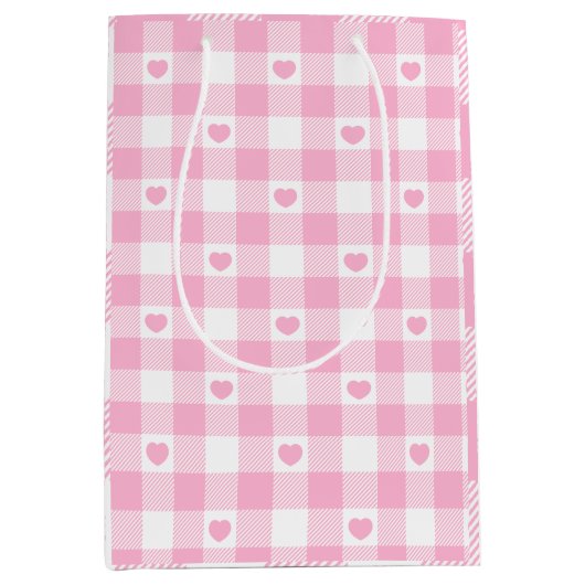 Cute Pink Gingham Vichy met hart Medium Cadeauzakje (Voorkant)