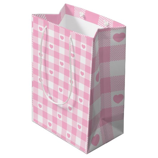 Cute Pink Gingham Vichy met hart Medium Cadeauzakje (Achterkant Gekanteld)