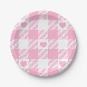 Cute Pink Gingham Vichy met hart Papieren Bordje