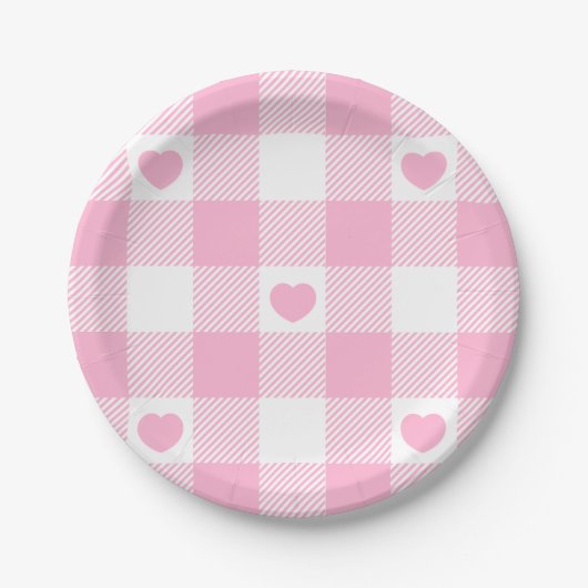 Cute Pink Gingham Vichy met hart Papieren Bordje (Voorkant)