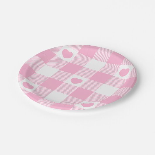 Cute Pink Gingham Vichy met hart Papieren Bordje (Gekanteld)