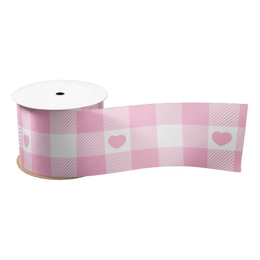 Cute Pink Gingham Vichy met hart Satijnen Lint (Spoel)