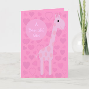 Cute Pink Giraffe & Hearts New Baby Girl Kaart