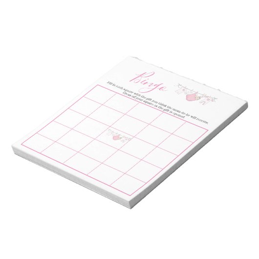 Cute Pink Girl Clothesline Baby shower Bingo Game Notitieblok (Linkerzijde)
