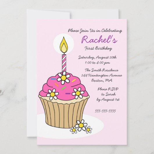 CUTE Pink Girl Cupcake Birthday Uitnodiging (Voorkant)