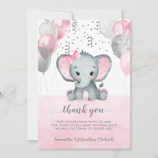 Cute Pink Girl Elephant Balloons Baby shower Bedankkaart (Voorkant)