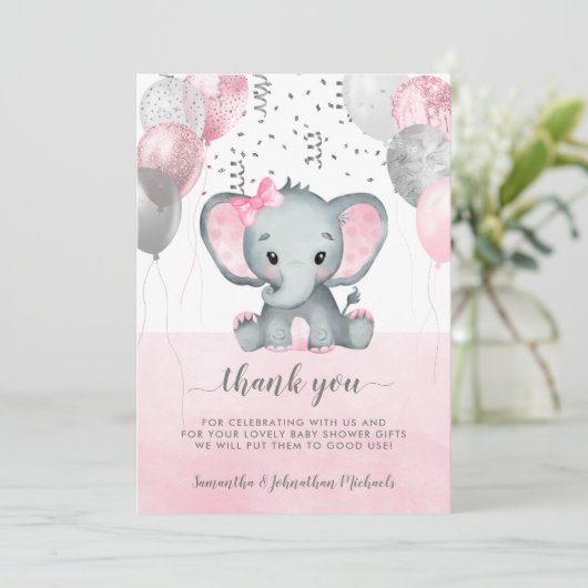 Cute Pink Girl Elephant Balloons Baby shower Bedankkaart (Staand voorkant)