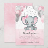 Cute Pink Girl Elephant Balloons Baby shower Bedankkaart (Voorkant / Achterkant)