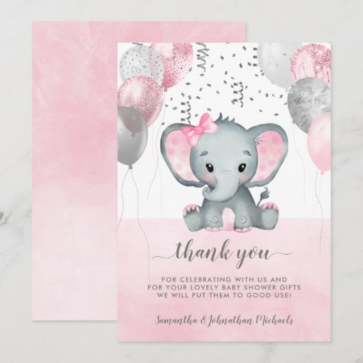 Cute Pink Girl Elephant Balloons Baby shower Bedankkaart (Voorkant / Achterkant)
