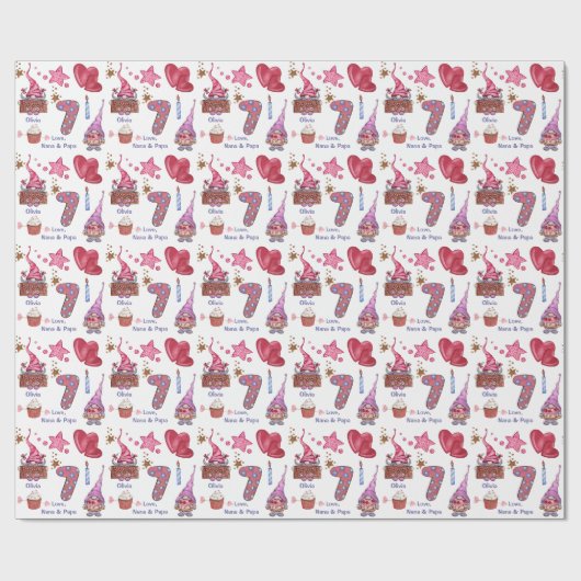 Cute Pink Girl Gnome Seven Year Old Birthday Cadeaupapier (Vlak)