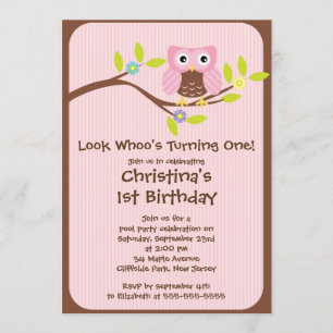 Cute Pink Girl Owl Birthday Party Invitations Kaart