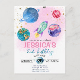 Cute Pink Girl Party Astronaut Birthday Briefkaart