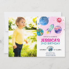 Cute Pink Girl Party Astronaut Birthday Kaart