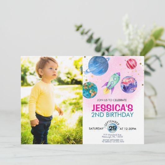 Cute Pink Girl Party Astronaut Birthday Kaart (Staand voorkant)