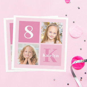 Cute Pink Girl Photo Collage Custom Birthday Party Servet