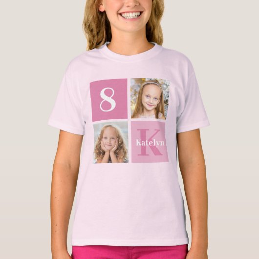 Cute Pink Girl Photo Collage Custom Birthday Party T-shirt (Voorkant)