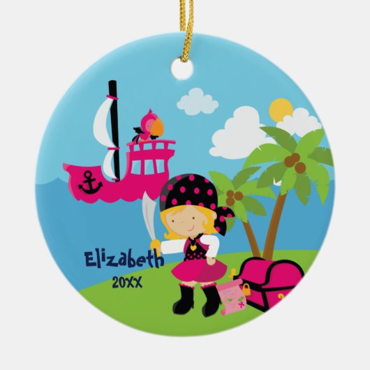 Cute Pink Girl Pirate kerstversiering Keramisch Ornament (Voorkant)