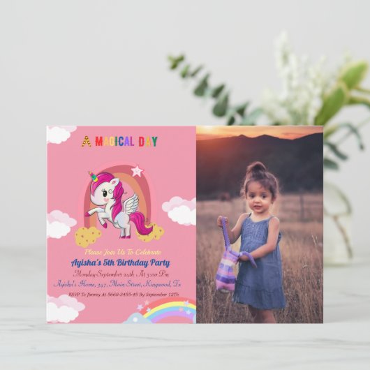 Cute Pink girl Unicorn Birthday Party Kaart (Staand voorkant)