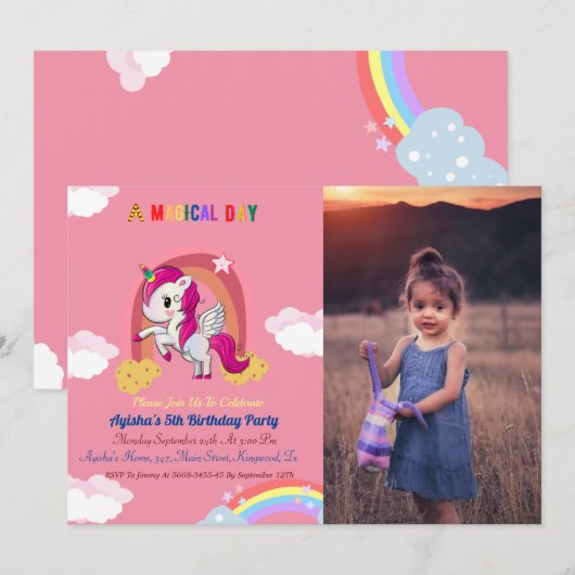 Cute Pink girl Unicorn Birthday Party Kaart (Voorkant / Achterkant)