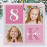 Cute Pink Girls Foto Collage Persoonlijk Keramisch Ornament<br><div class="desc">Koel 2 foto's vierkant keepjesversiering voor een klein meisje of peuter. Viel de verjaardag van je kind met leuke foto's op deze foto's voeg je je eigen fotokaart toe met schattige  roze vierkanten. Voeg hun naam en leeftijd toe.</div>