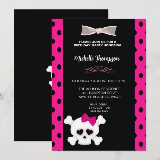 Cute Pink Girls Skull Birthday Invitation Kaart (Voorkant / Achterkant)