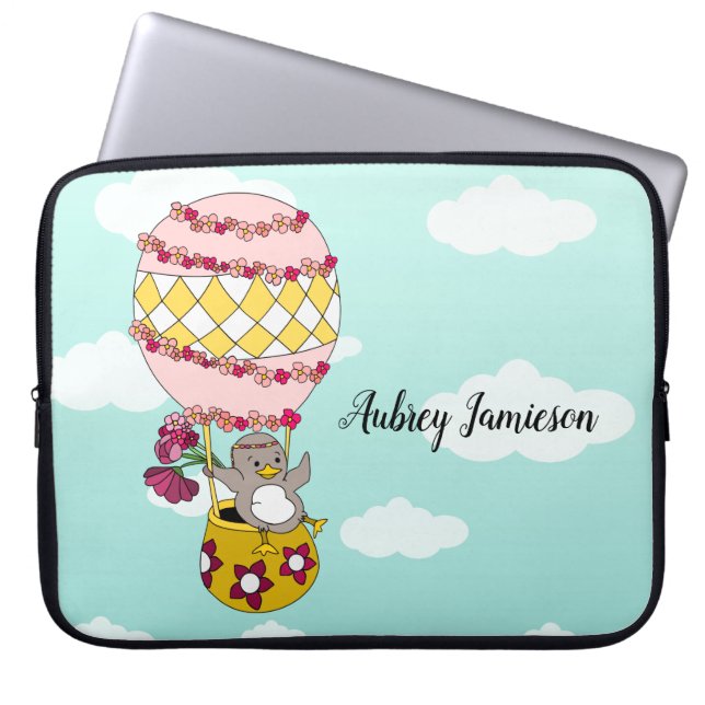 Cute Pink Girly Boho Flower Bird Hot Air ballon Laptop Sleeve (Voorkant)