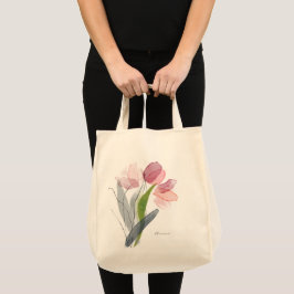 Cute Pink Girly Floral Tulps Green Leaves Tote Bag