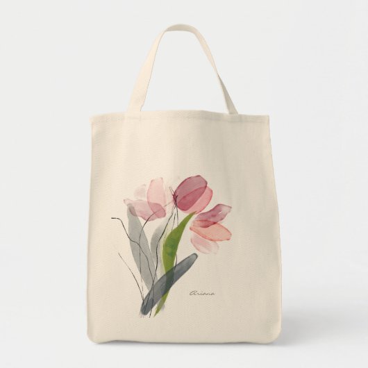 Cute Pink Girly Floral Tulps Green Leaves Tote Bag (Voorkant)