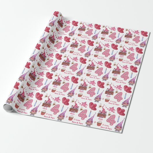 Cute Pink Girly Gnome Vier jaar oude verjaardag Cadeaupapier (Uitgerold)