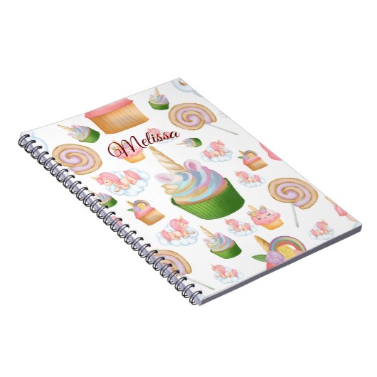 Cute Pink Girly Name Cupcake Unicorn Pattern Notitieboek (Rechterzijde)