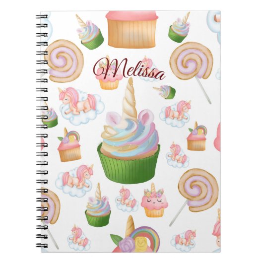 Cute Pink Girly Name Cupcake Unicorn Pattern Notitieboek (Voorkant)
