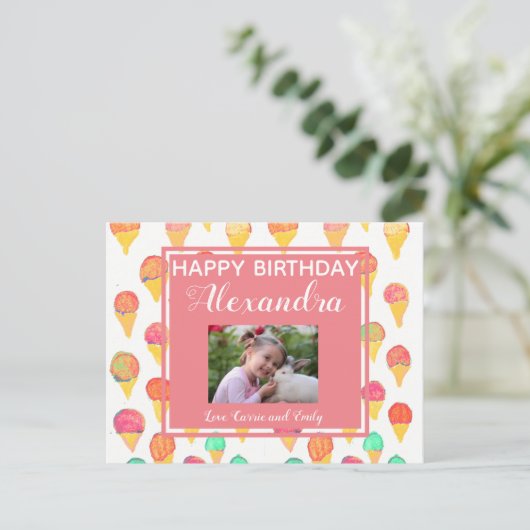 Cute Pink Girly Waterverf Happy Birthday Foto Briefkaart (Staand voorkant)