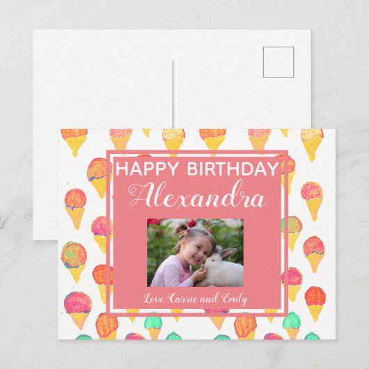 Cute Pink Girly Waterverf Happy Birthday Foto Briefkaart (Voorkant / Achterkant)