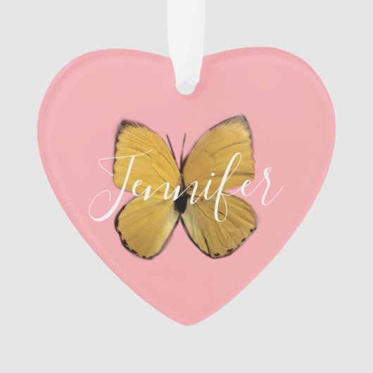 Cute Pink Girly Yellow Butterfly gepersonaliseerd Ornament (voorkant)