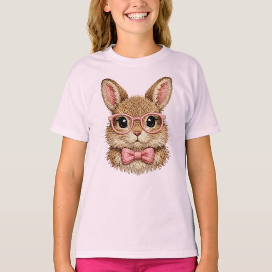Cute Pink Glasses Bunny | Rabbit Embroidery Look - T-shirt (Voorkant)