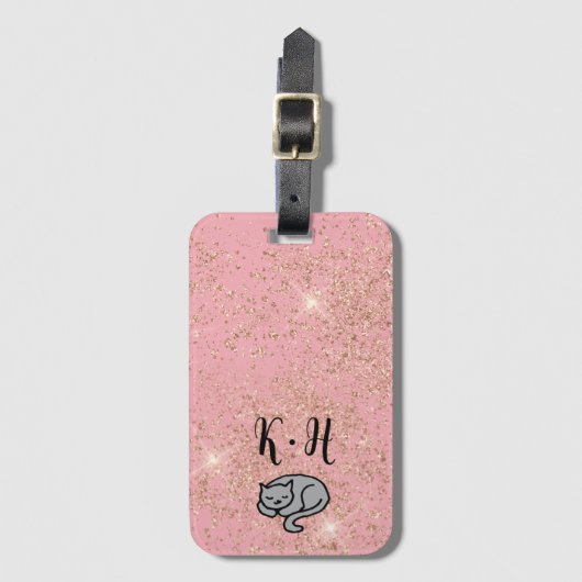 Cute Pink Glitter Cat Monogram Bagagelabel (Voorkant (verticaal))