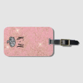 Cute Pink Glitter Cat Monogram Bagagelabel (Voorkant (horizontaal))
