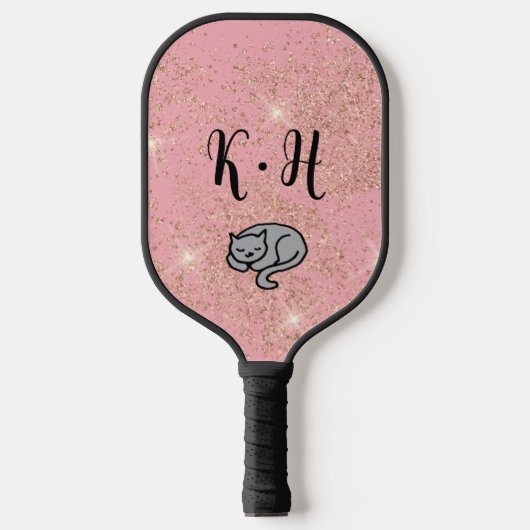 Cute Pink Glitter Cat Monogram Pickleball Paddle (Voorkant)