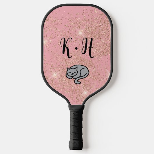 Cute Pink Glitter Cat Monogram Pickleball Paddle (Achterkant)