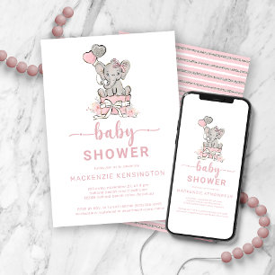 Cute Pink Glitter Elephant Baby shower Kaart