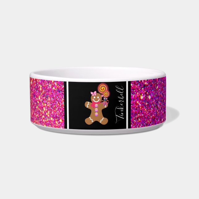 Cute Pink Glitter Gingerbrood Girl Gepersonaliseer Voerbakje (Voorkant)