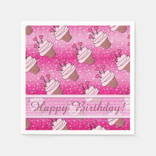 Cute Pink Glitter Heart Cupcakes Birthday Napkins Servetten
