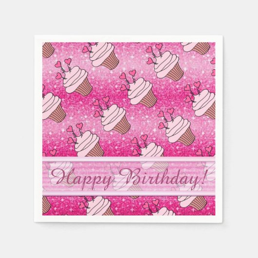 Cute Pink Glitter Heart Cupcakes Birthday Napkins Servetten (Voorkant)