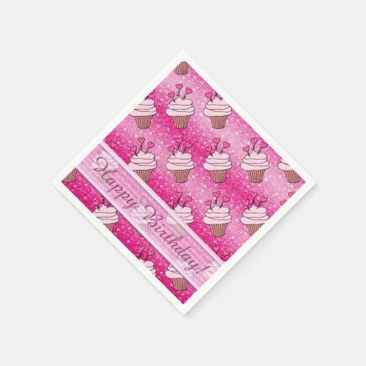 Cute Pink Glitter Heart Cupcakes Birthday Napkins Servetten (Hoek)