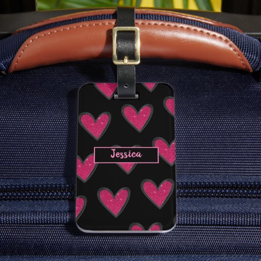 Cute Pink Glitter Hearts Bagagelabel (Voorkant Insitu 2)
