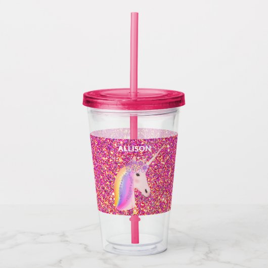 Cute Pink Glitter Unicorn Fantasy Personalized Acryl Drinkbeker (Voorkant)