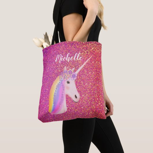 Cute Pink Glitter Unicorn Persoonlijke naam Tote Bag (Dichtbij)