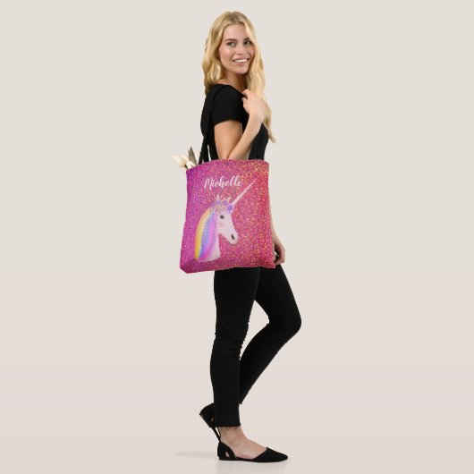 Cute Pink Glitter Unicorn Persoonlijke naam Tote Bag (Op model)