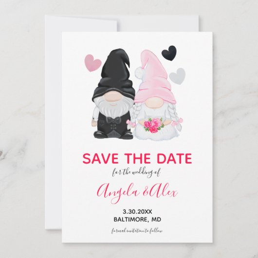 Cute Pink Gnome Bride and Groom Wedding Save The Date (Voorkant)